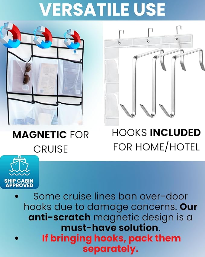 Cruise Ship Magnetic Door Organizer, Over The Door Organizer For Cruise Ships, Magnetic Shoe Rack - 3 Strong Anti-Scratch Magnets - Large Durable Pockets To Store Cruise Essentials 2025-NeatNest