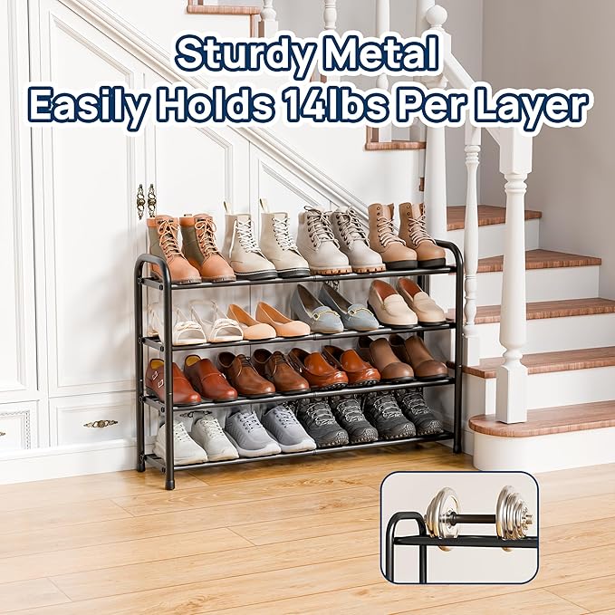 ENJOYBASICS Expandable Shoe Rack, 4 Tier Adjustable Shoe Organizer Shelf for Closet, Black Metal Free Standing Shoe Rack Storage for Small Space, Entryway-NeatNest