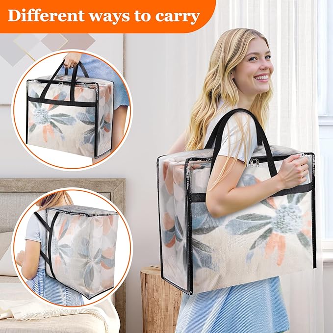 4 Pack Clear Storage Bags for Comforter, Clothes & Bedding, Plastic Blanket Storage with Zipper and Handle, Moving Bags, Closet Organizer and Under-Bed Storage (60L)-NeatNest