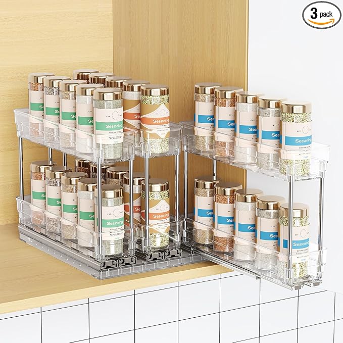3 Packs Pull Out Spice Rack Organizer for Cabinet, Vertical Spice Rack Pull Out, Heavy Duty Slide Out Seasoning Organizer, 2.3" Wx10.35''Dx8.26''H, 3 Drawers 2 Tiers(Clear)