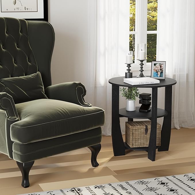 Round End Table with Storage Shelf,3 Tier Modern Side Table, Sofa Recliner Side Table,Accent Coffee Table,Nightstand for Living Room Bedroom for Small Spaces,19.7" D x 21.7" H