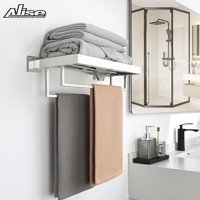 Alise 16 Inch Towel Racks for Bathroom, Towel Rack Wall Mounted with Double Towel Bars, SUS 304 Stainless Steel Towel Shelf, Heavy Duty Hand Towel Holder(Polished Chrome)