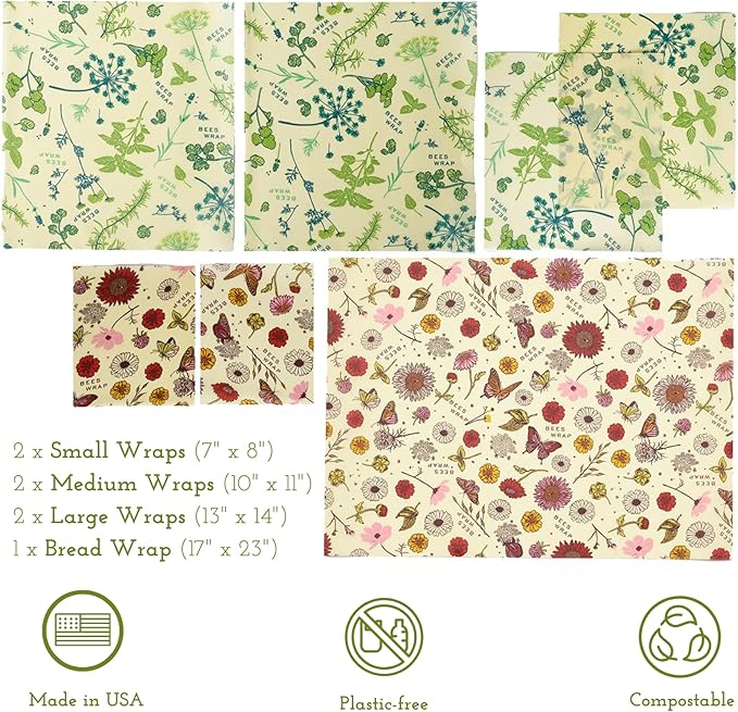 Bee's Wrap Vegan Beeswax Wraps for Food - Assorted 7 Pack (2S, 2M, 2L, & 1 Bread) Made in USA Reusable & Organic Food Wraps & Bowl Covers - Eco-Friendly Alternative to Aluminum Foil & Plastic Wrap-NeatNest