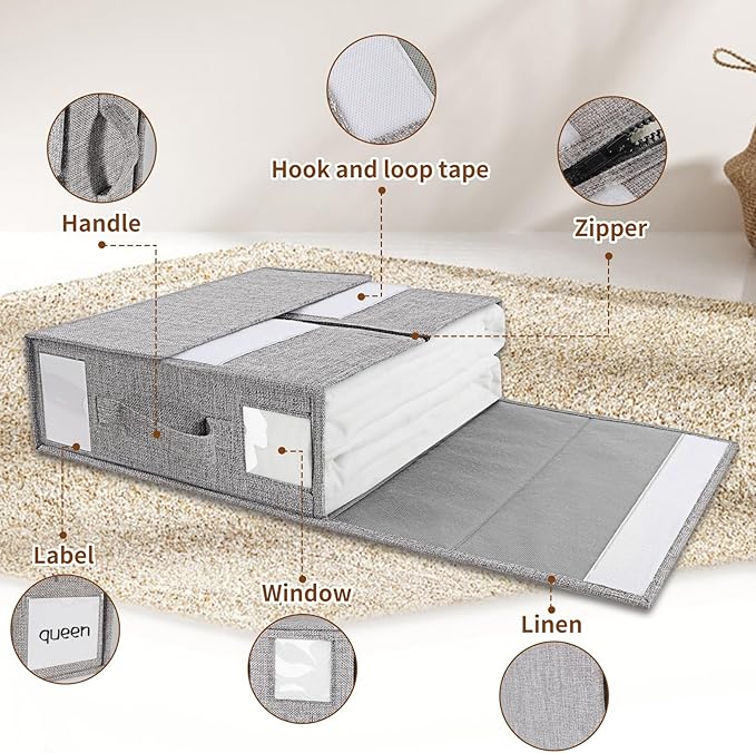 Foldable Sheet Set Organizer, Bed Sheet Storage Organizer with Visual Window, (Queen & King Size) Sheet Storage Box (6 Pack, Grey)-NeatNest