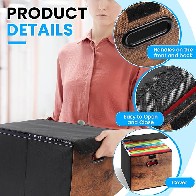 File Organizer Box with Wood Grain Pattern, Hanging Collapsible File Storage Bins with Lid Plastic Slides, Teacher Essentials for Back to School Classroom School Keepsake Organizer, Rustic Brown