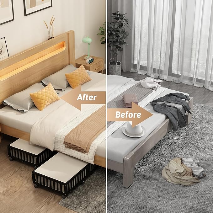 Bamboo Under Bed Storage Containers with Wheels, 2 Pack Large Under the Bed Shoe Storage Bins, Wood Rolling Underbed Drawers Organizer for Bedroom Closet Clothes Blanket Under Crib Toy Black-NeatNest