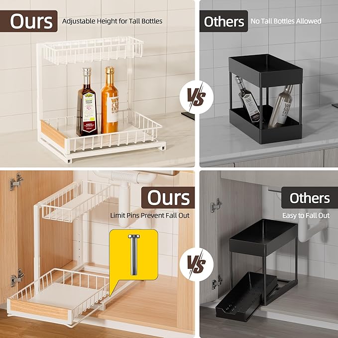 Delamu 2 Pack Under Sink Organizer and Storage, Height Adjustable Under Kitchen Sink Organizer, 2 Tier Pull Out Under Cabinet Organizer, White Under Counter Storage for Kitchen Bathroom-NeatNest