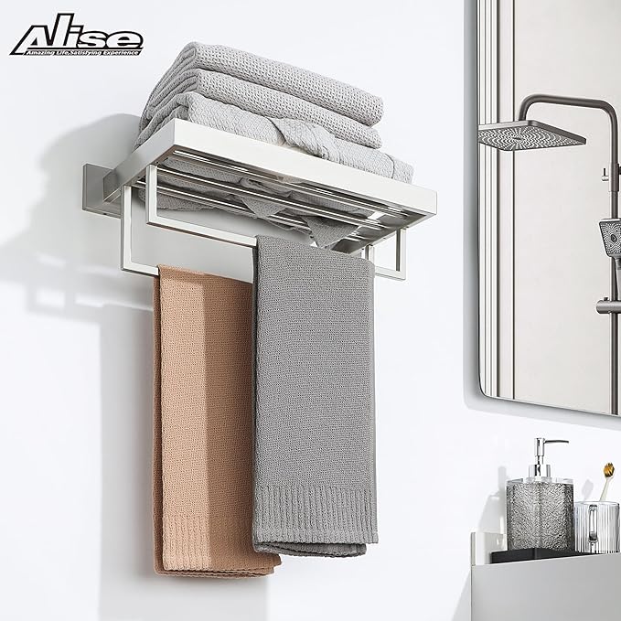 Alise 16 Inch Towel Racks for Bathroom, Towel Rack Wall Mounted with Double Towel Bars, SUS 304 Stainless Steel Towel Shelf, Heavy Duty Hand Towel Holder(Brushed Nickel)