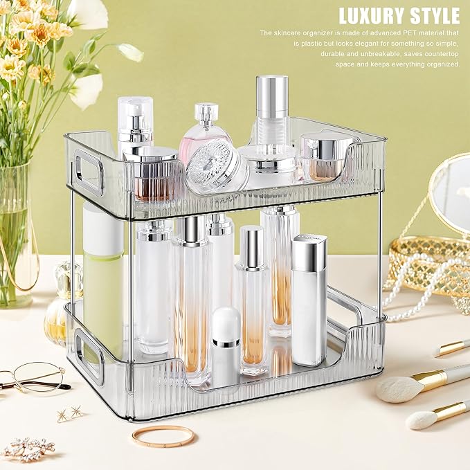 2-Tier Bathroom Counter Organizer Countertop Storage, Dresser Organizer Vanity Tray for Makeup, Perfume Organizer Cosmetics Skincare Shelf - Grey-NeatNest