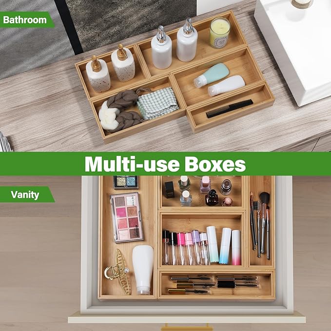 Bamboo Drawer Organizer, 2PCS Stackable Storage Boxes for Utensil Organizer, Wood Tray for kitchen, Bathroom and Bedroom 9" x 6" x 2"-NeatNest