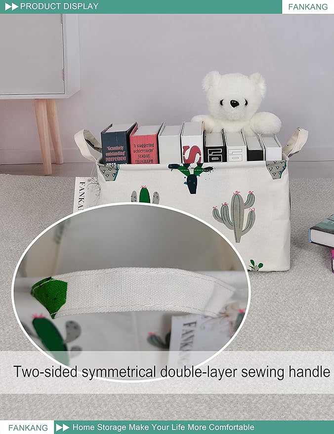 FANKANG Storage Basket,Nursery Hamper Canvas Laundry Basket Foldable with Waterproof PE Coating Storage, Office, Bedroom, Clothes,Toys (L, Rec-Cactus)