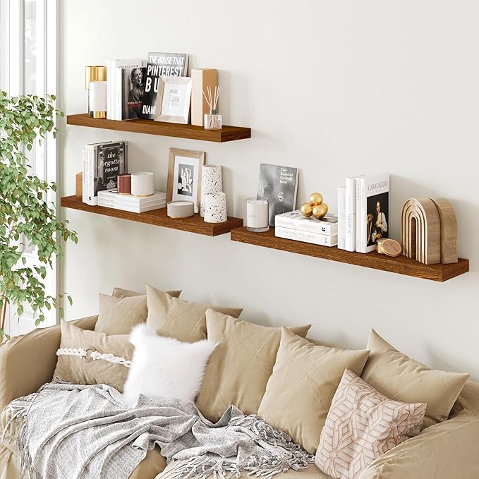 BAMEOS Floating Shelves, American Oak Wall Mounted Wooden Shelves with Invisible Brackets Set of 3, Hanging Wall Shelves Decoration for Bedroom, Bathroom, Living Room and Kitchen-NeatNest