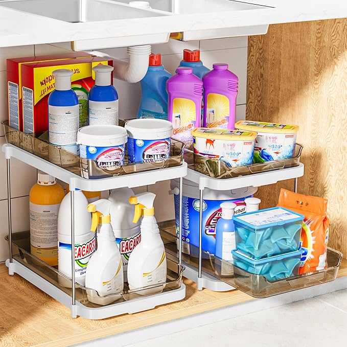 Delamu 2 Sets of 2-Tier Multi-Purpose Bathroom Under Sink Organizers and Storage, Stackable Kitchen Pantry Organization, Pull Out Medicine Cabinet Organizer with 8 Movable Dividers, Amber-NeatNest