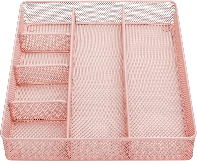 Annova Desk Top Organizer Tray for Office Organization - Metal Mesh - Storage Tray with Dividers for Pens, Desktop Accessories, Bathroom, Kitchen, Makeup and Office Supplies (Large, Light Pink)-NeatNest