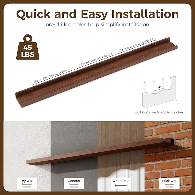 Floating Shelves for Wall | Picture Ledge Shelf Set of 2 | Solid Ash Wood Floating Shelves with Lip | 55 Inch Dark Wood Picture Shelf for Wall with Ledge | Photo Ledge Shelves-NeatNest