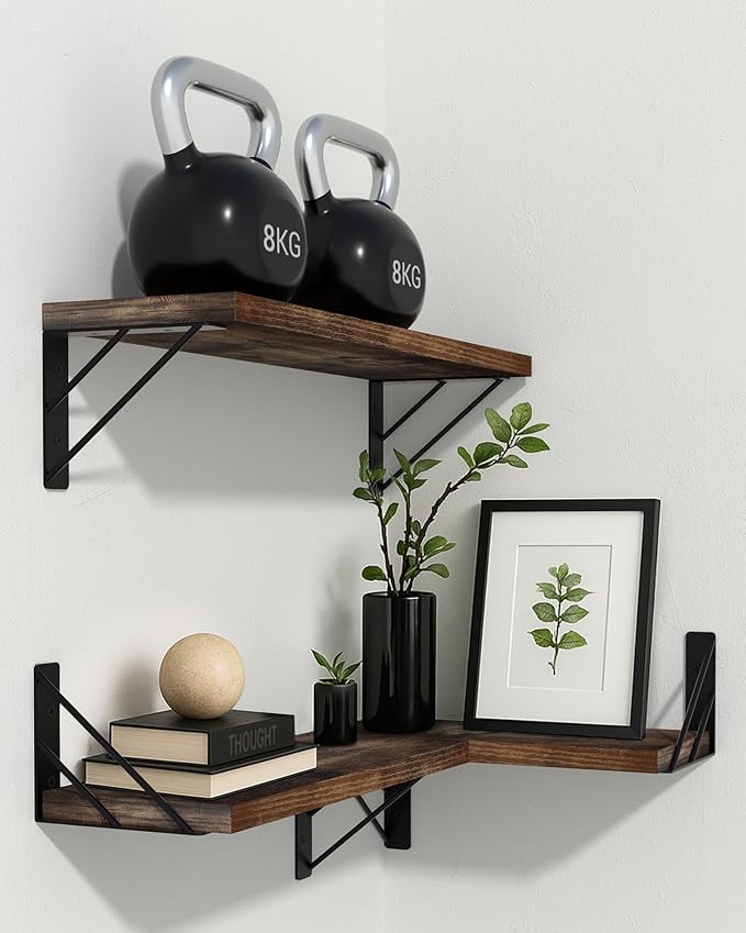 BAYKA Wall Shelves for Bedroom Decor, Floating Wall Shelves for Living Room Kitchen Storage, Wall Mounted Rustic Wood Floating Shelves for Kids Books,Corner Shelves for Bathroom(Set of 3)-NeatNest