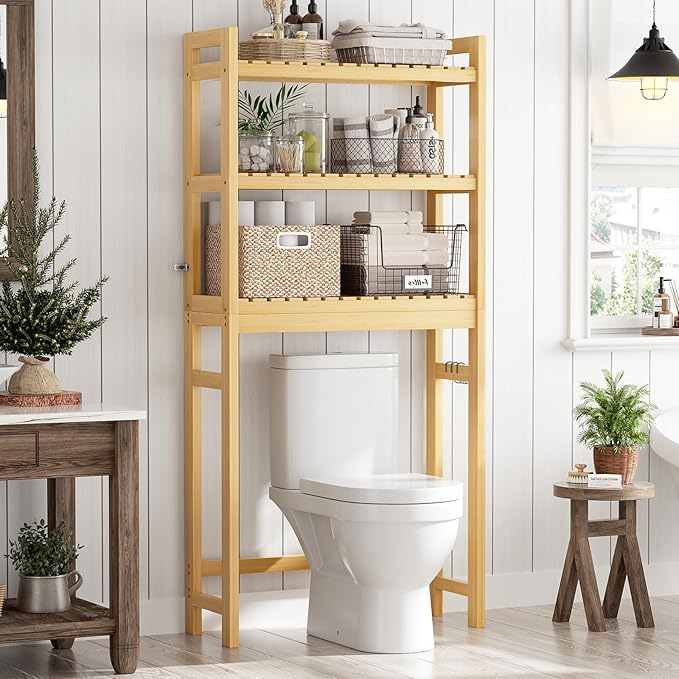 Homykic Over The Toilet Storage, 3-Tier Bamboo Bathroom Shelf with 3 Hooks, Above Toilet Organizer Rack Freestanding for Small Space, Restroom, Laundry, Easy Assembly, Natural