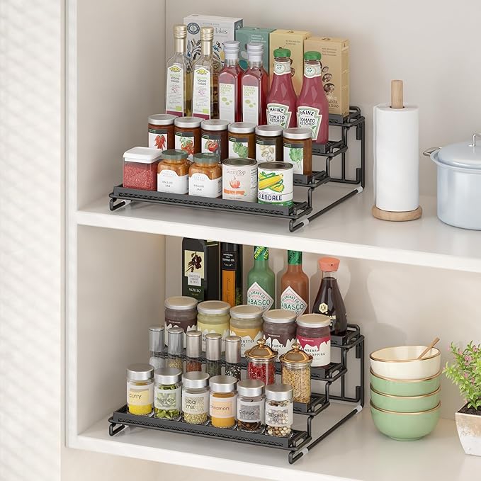4 Tier Spice Rack Organizer for Inside Cabinet Display Riser Shelf Seasoning Organizer for Countertop Cupboard Pantry Step Storage Holder with Protection Railing (2PC Black)-NeatNest