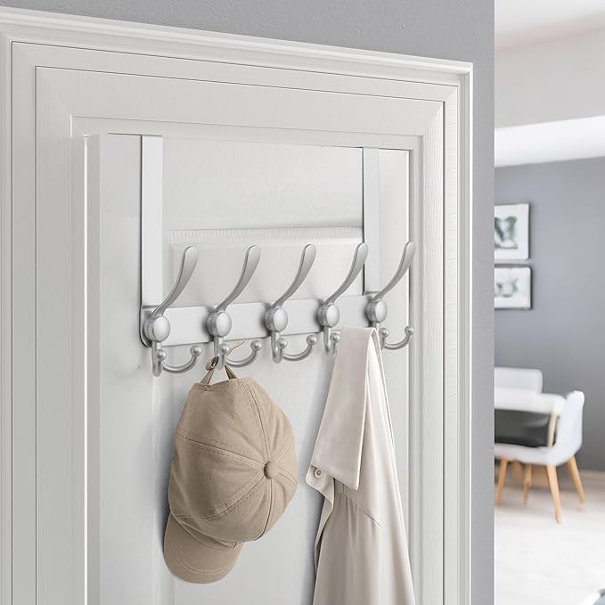 Dseap Over Door Hook 2.0 - Upgraded Version - Simple-Assembly, Strong, Heavy-Duty Stainless Steel 5-Tri-Hook Over The Door Hanger Rack, SimpleStrong Series, Silver, Pack of 2