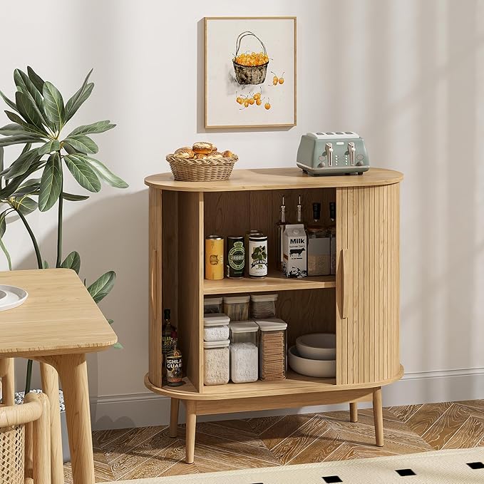 Accent Small Storage Cabine, Buffet Cabinet with Storage, Mid Century Modern Sliding Door Sideboard Cabinet for Kitchen, Entryway (Oak)