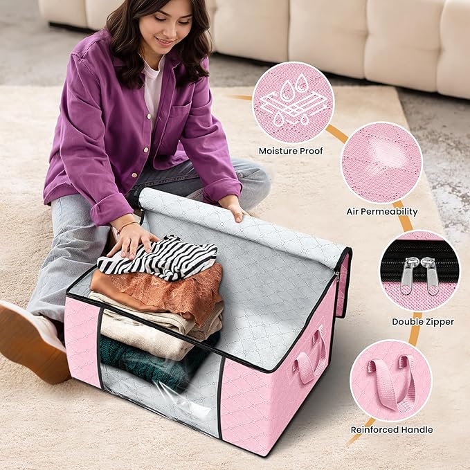 Fab totes 10 Pack Clothes Storage, Foldable Thick Fabric Blanket Storage Bags, Containers for Organizing Bedroom, Closet, Clothing, Comforter,Organization with Handle,Pink-NeatNest