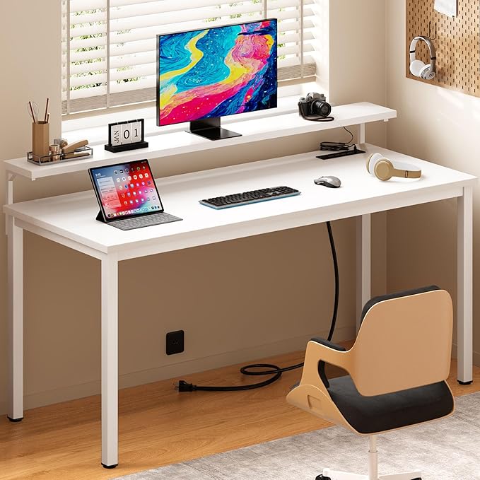 Need 60 inch Computer Desk with LED Lights & Power Outlets, Large Home Desk with Monitor Shelf, Writing Table Gaming Desk Home Office Desk, White-NeatNest