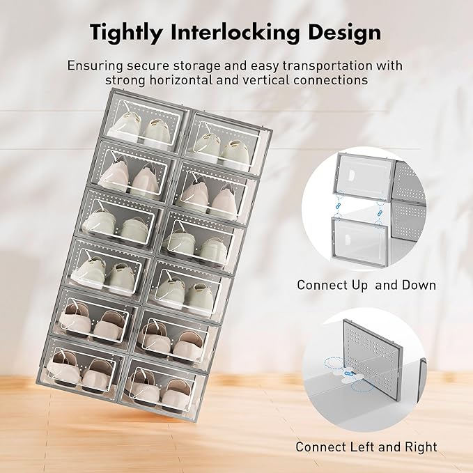 Shoe Storage Box, 15 Pack Clear Plastic Stackable Shoe Organizer for Closet, Interlocking Design Shoe Container Bins for Sneakers, Foldable Shoe Rack with Lids, Gray-NeatNest