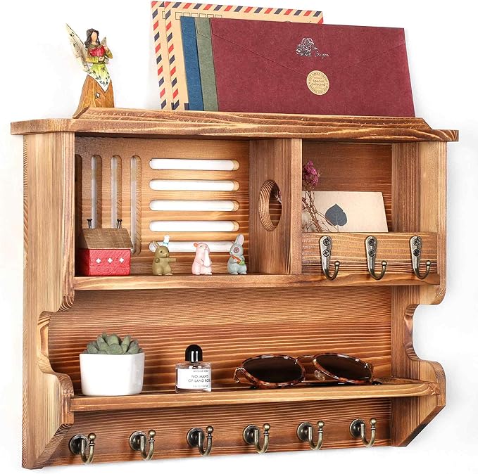 Key Holder for Wall, Mail and Key Holder for Home Decor, Key and Mail Holder for Wall with Key Hooks, Brown