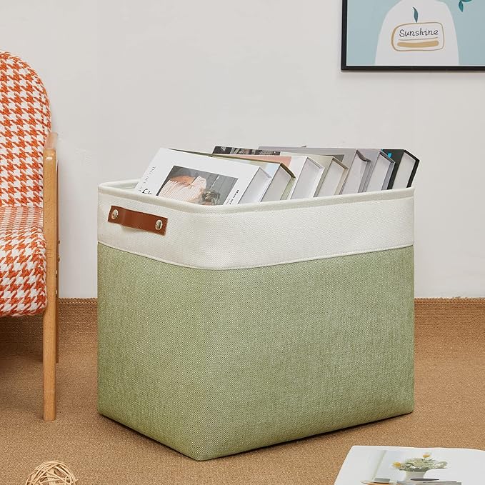 DULLEMELO Large Storage Basket 17"x12"x15", Fabric Storage Organizer Basket for Storage Clothes, Large Fabric Bin for Organizing Book, Storage Bin with Handles for Storage Toy (White&Green)-NeatNest