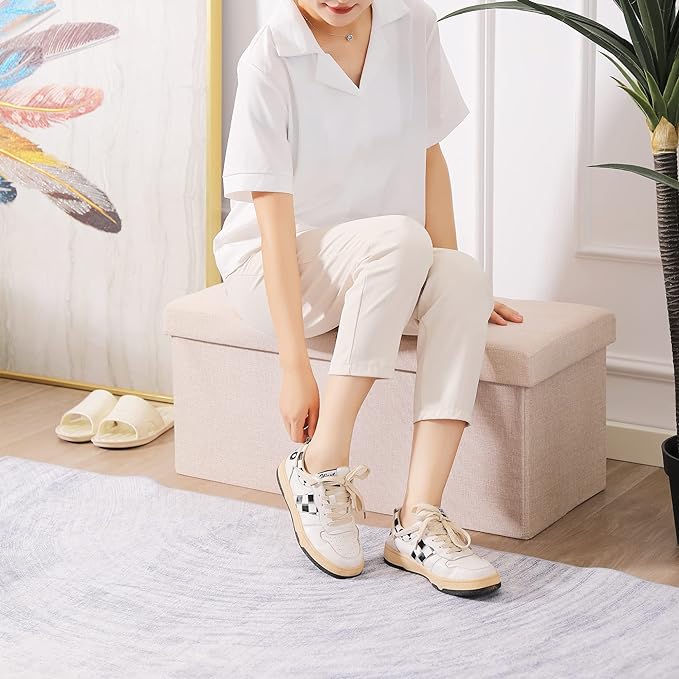 Cuyoca Foldable Seat Footrest Shoe Bench End of Bed Storage with Flipping Lid, 75L Storage Space, 30 inches Linen Fabric Beige-NeatNest