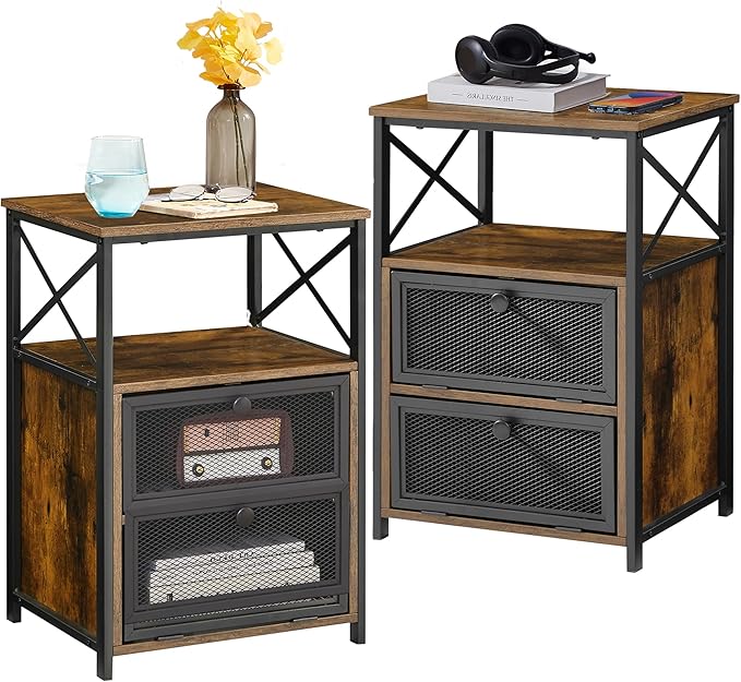 VECELO End Side Table, Modern Night Stand with Storage Space and Door, Set of 2 Nightstands for Living Room,Bedroom,Lounge,Rustic Brown