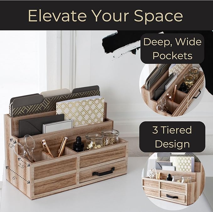 BLU MONACO Natural Wood Mail Organizer with Drawer & Pen Holder – Desk Organizer for Bills, Storage, Countertop & Kitchen-NeatNest