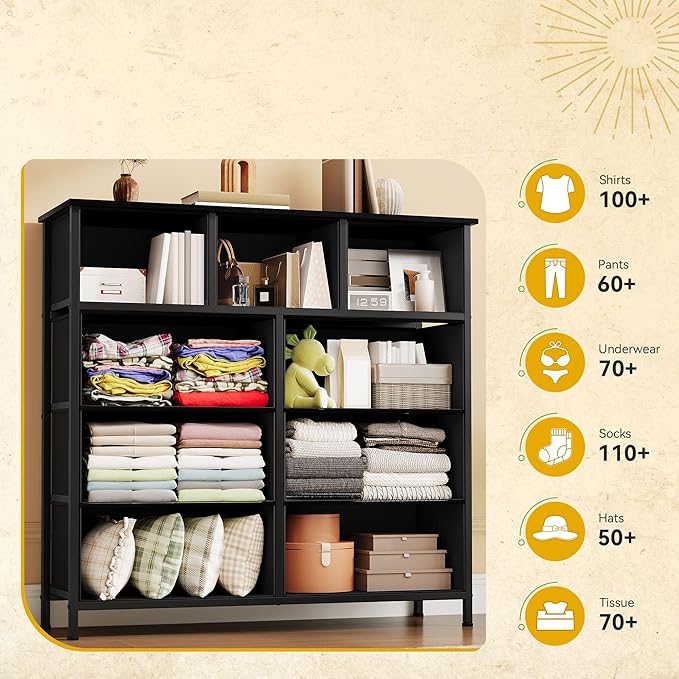 DWVO Dresser with 9 Drawers - Fabric Storage Tower, Organizer Unit for Living Room, Hallway - Sturdy Steel Frame, Wooden Top & Easy Pull Fabric Bins (Black)-NeatNest