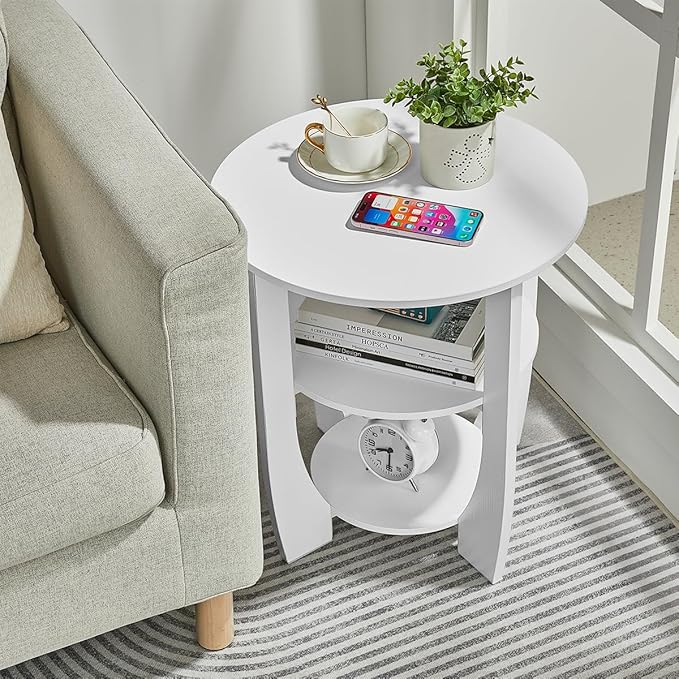 Round End Table with Storage Shelf,3 Tier Modern Side Table, Sofa Recliner Side Table,Accent Coffee Table,Nightstand for Living Room Bedroom for Small Spaces,19.7" D x 21.7" H