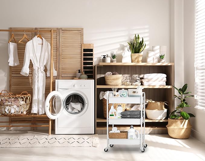 CAXXA 3-Tier Rolling Metal Storage Organizer - Mobile Utility Cart Kitchen Cart with Caster Wheels, White-NeatNest