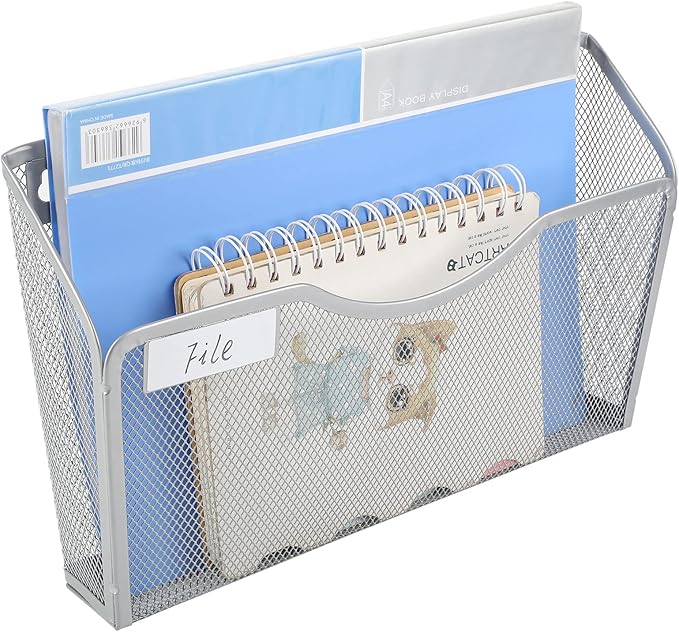 EasyPAG 6 Pack Wall File Holder with Label Panel, Single Mesh Hanging File Organizer for A4 Letter Size Paper, Wall Mount Paperwork Basket for Office, Home, School, Silver