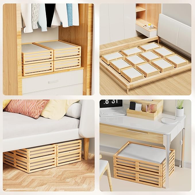 Bamboo Under Bed Storage Containers- Underbed Organizer with Wheels with Large Dust Bag,Sturdy Wood Rolling Under the Bed Shoe Storage Organizer Drawer 2 Packs (Nature, Small)-NeatNest