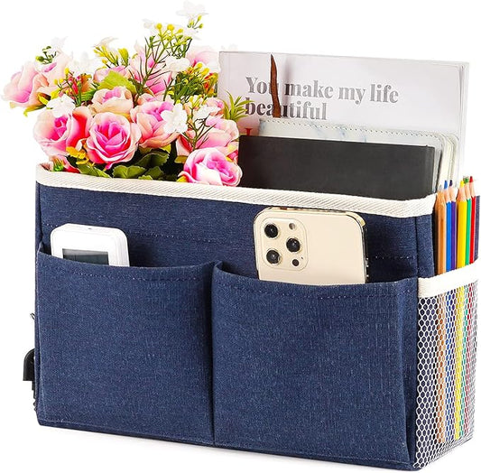 Bedside Caddy Bedside Storage Organizer Hanging Bunk Bed Dorm Room with Side Pockets for Water Bottles, Books, Cell Phones, Headphones (Dark Blue)-NeatNest