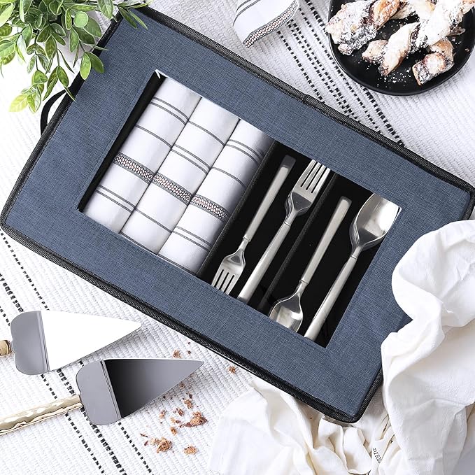 Flatware & Utensil Storage, Durable Silverware Storage Box with Padded Dividers, 5 Compartment Flatware Storage Case, Silverware Case with Handles, Protects and Organizes Cutlery, Blue-NeatNest