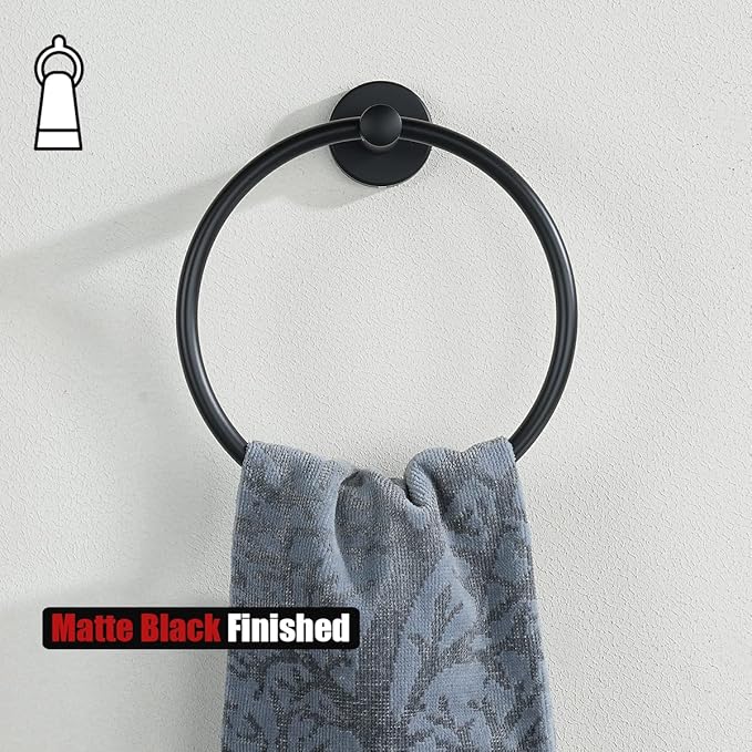 JQK Black Towel Ring, 304 Stainless Steel Matte Black Hand Towel Holder for Bathroom, Wall Mount, TR130-PB