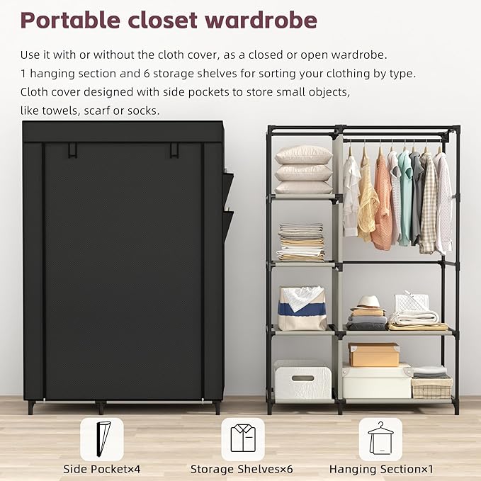 Calmootey Portable Closet Organizers, Clothing Storage, Wardrobe with 6 Shelves and Hanging Rod, Non-Woven Fabric Cover with 4 Side Pockets, Black-NeatNest