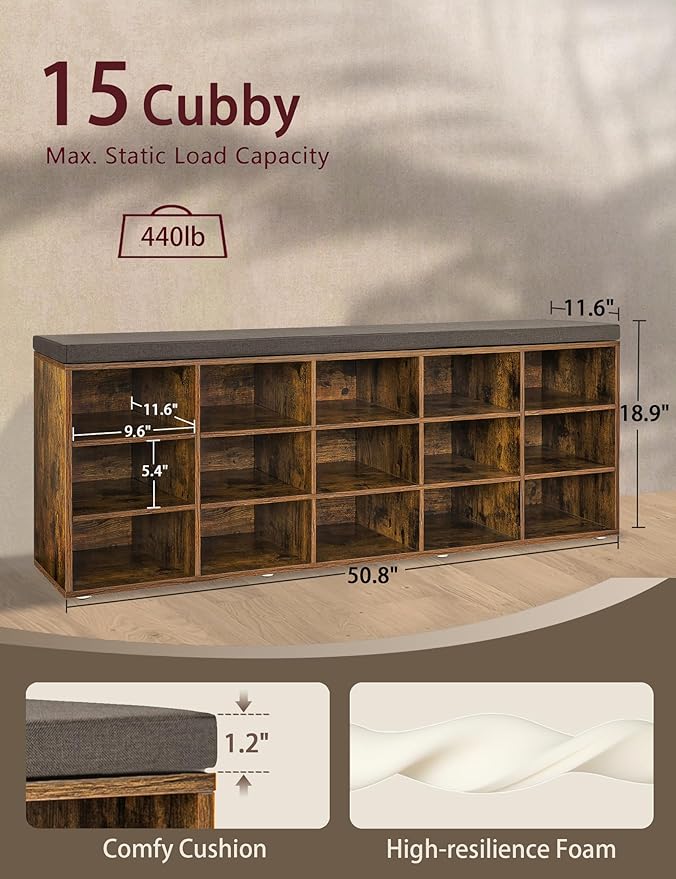 DINZI LVJ Shoe Storage Bench with Cushion, 15-Cubby Rack, Adjustable Shelves, Long Organizer Bench for Entryway, Mudroom, Hallway, Living Room, Bedroom and Garage, Rustic Brown-NeatNest
