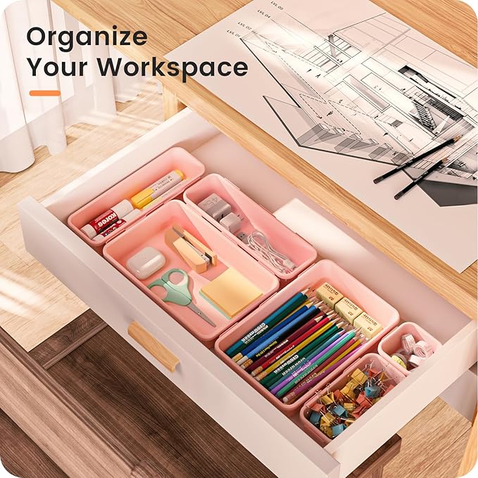 A-LuGei 【28PCS】 Drawer Organizer, Bathroom Organizers and Storage, Makeup organizer, Desk drawer organizer, Storage Bins for Kitchen Office Bedroom Vanity Jewelry Pantry Garage【Pink】【4Size】-NeatNest