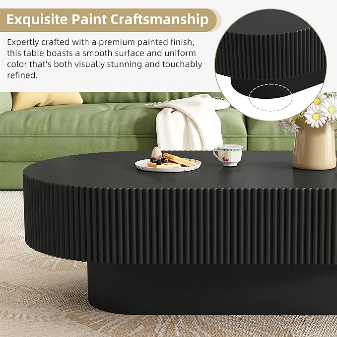 KEVINSPACE Oval Coffee Table for Living Room Modern Wood Center Tables Cocktail Fluted 43.3" W Reception Room Easy Assemble, Black