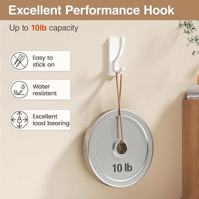Adhesive Wall Hooks for Towels Coats - Stick On Hooks Hanging Heavy Duty (13lb), Metal Hook for Door, Bathroom, Dorm, Closet - Hanger for Purse, Bag, Robe,Backpack - No Damage to Wall - White 4 Pack