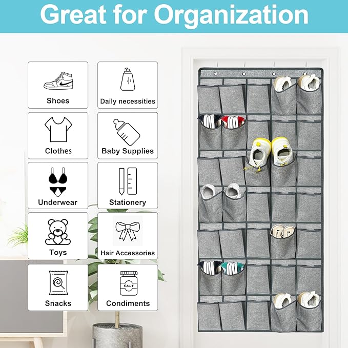 35 Pockets Over the Door Shoe Organizer, Hanging Door Shoe Rack for Closet, Large Shoe Storage Holder Zapateras Organizer for Shoes (Grey)-NeatNest