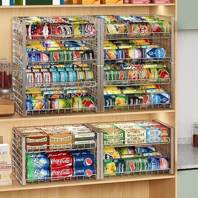 JKsmart 2-Tier Stackable Can Rack Organizer for Pantry, Adjustable Can Dispenser Holds Up to 62 Cans, Can Storage Holder for Various Ounces of Canned Food Soda Drinks, Silver, 2 Pack (Petent Pending)-NeatNest