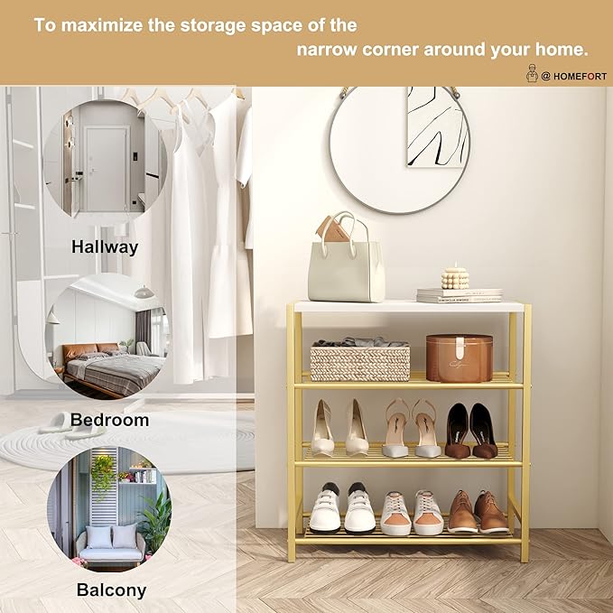HOMEFORT 4-Tier Shoe Rack, Shoe Storage Shelf, Industrial Shoe Tower, Narrow Shoe Organizer for Closet Entryway, Small Shoe Rack Table with Durable Metal Shelves, Gold-NeatNest
