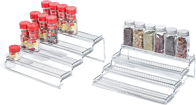 GONGSHI Spice Rack Organizer for Cabinet, 4 Tier Seasoning Organizer, Expandable Shelf,Step Storage Holder, Kitchen Cabinet Countertop,with Protection Railing, Metal (Chrome2 PC)-NeatNest
