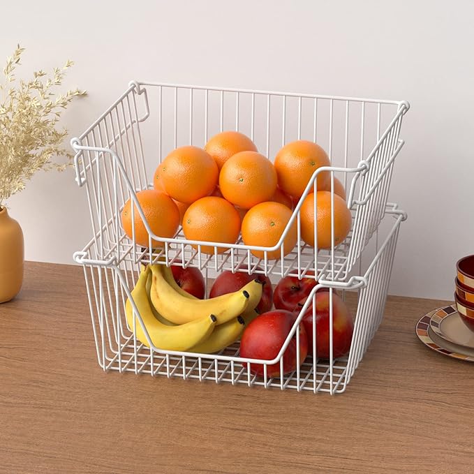 Slideep 14'' Large Metal Wire Storage Organizer Bin Basket Farmhouse Decor Stackable Storage Organizer for Pantry Home Bathroom Kitchen Organization White - 6 Pack
